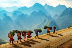 Layered limestone mountains along the Ha Giang Loop in Northern Vietnam