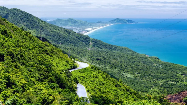 Winding road and coastal views from Hai Van Pass in Central Vietnam