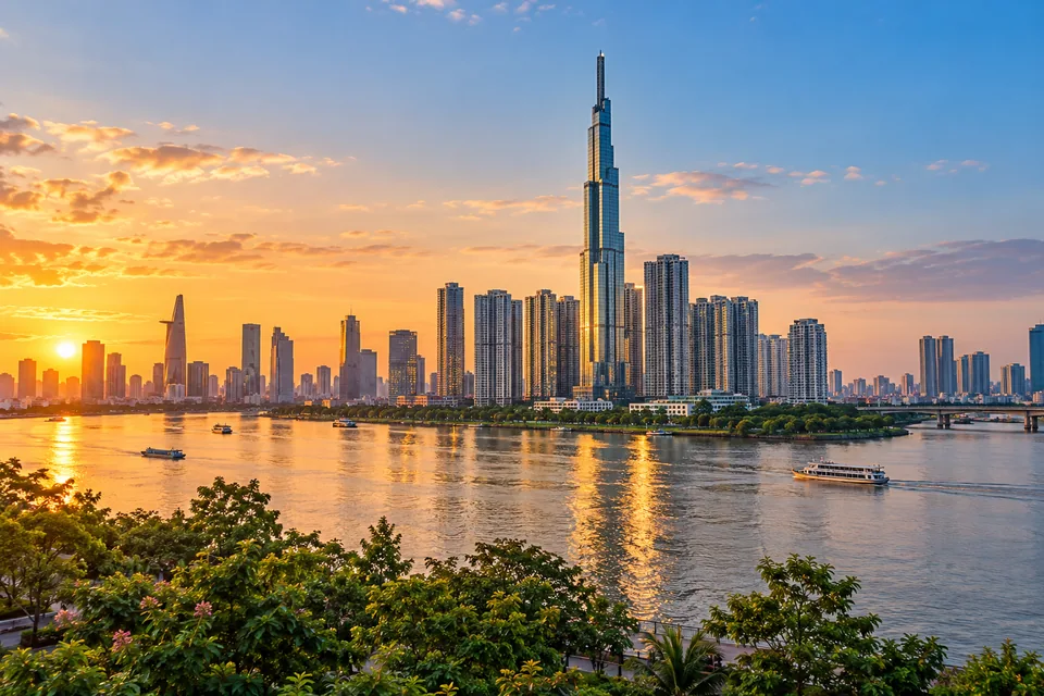 Ho Chi Minh City skyline with Landmark 81 and warm reflections on the Saigon River
