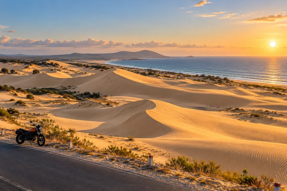 Golden sand dunes near Mui Ne with a coastal road and a parked motorcycle