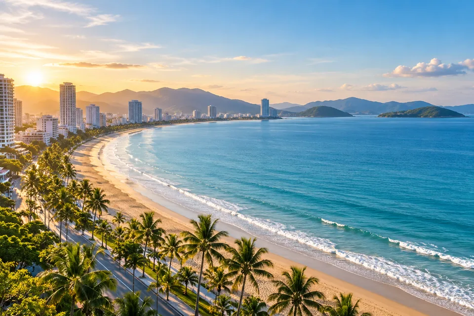 Nha Trang beachfront with turquoise bay water, palms and a coastal skyline